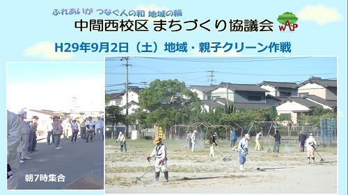 スライド15コマ目。平成29年9月2日土曜日、地域・親子クリーン作戦の報告