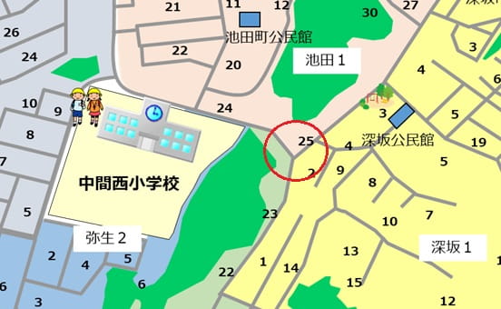 校区地図、深坂地区の点滅信号場所の写真